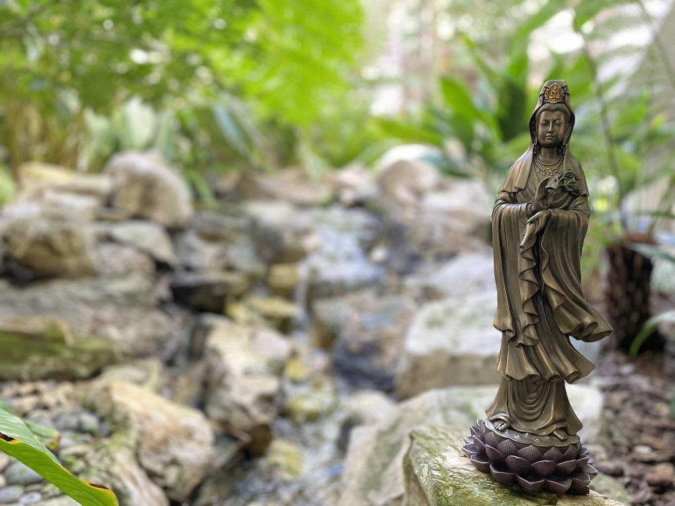 Small statue of the Asian goddess of healing, Kwan Yin, presented outdoors with green leaves and a rocks with running water flowing in the background